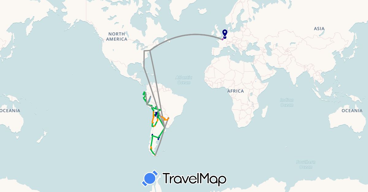 TravelMap itinerary: driving, bus, plane, cycling, train, hiking, boat, hitchhiking in Argentina, Belgium, Bolivia, Brazil, Chile, Ecuador, France, Peru, United States (Europe, North America, South America)