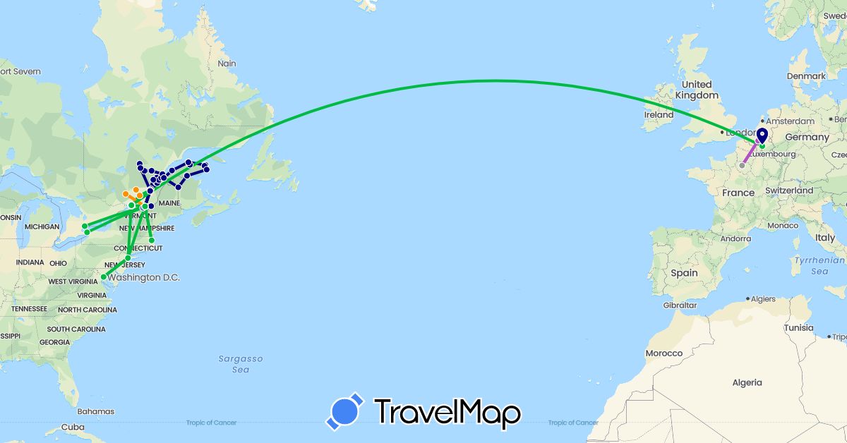 TravelMap itinerary: driving, bus, plane, cycling, train, hitchhiking in Belgium, Canada, France, United States (Europe, North America)